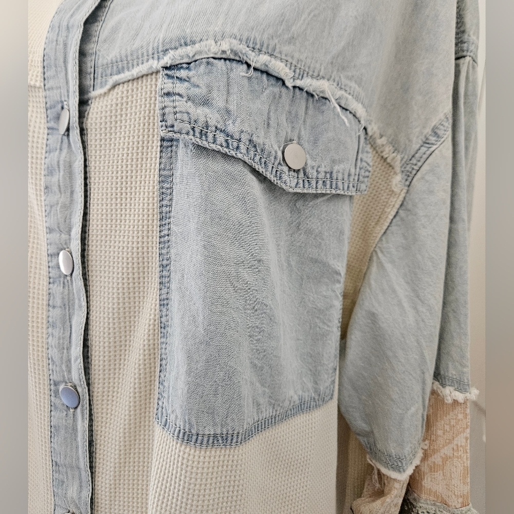 POL Patchwork Denim Shirt/Jacket Blue Ivory Sz L - Picture 6 of 12
